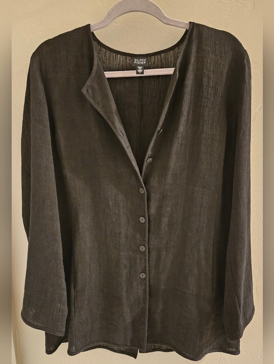 Eileen Fisher Tops - Eileen Fisher Womens Linen Blend Button Up Shirt Black Long Sleeve Tunic Large